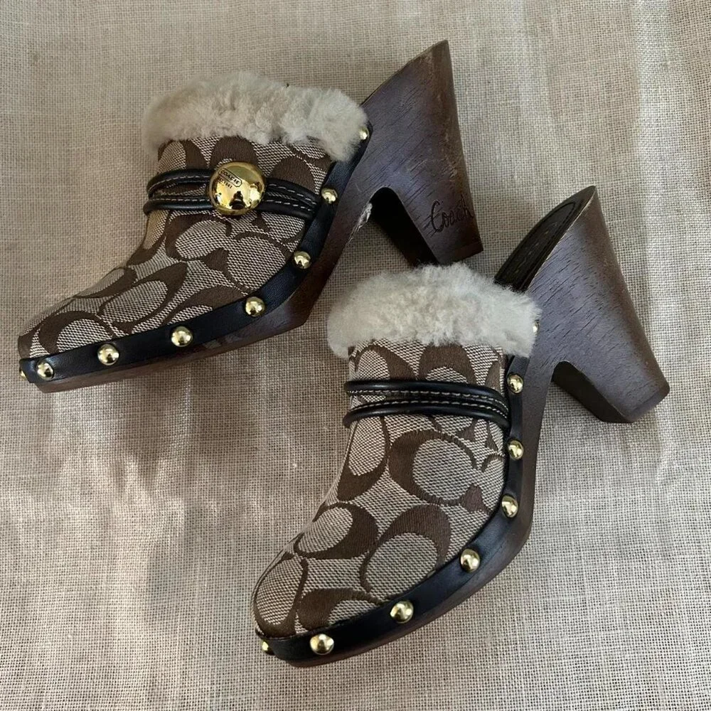 COACH Monogram Shearling-Lined Wooden Clog Mules – Size 6 - Picture 2 of 4